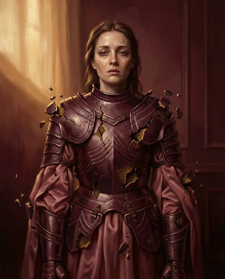 Mulher com armadura rachando — a casca de proteção emocional